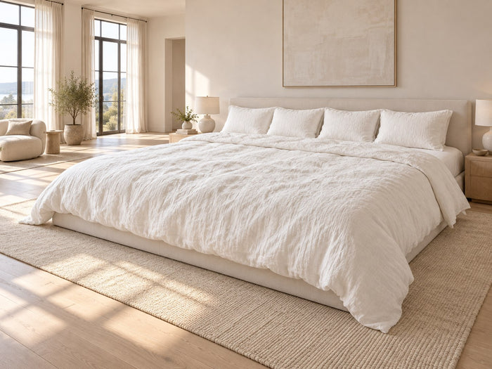Alaskan King Linen Duvet Cover Set on a Alaskan King bed, bedroom scene, AI-generated illustration