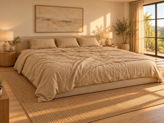 Wyoming King Linen Duvet Cover Set on a Wyoming King bed, bedroom scene, AI-generated illustration