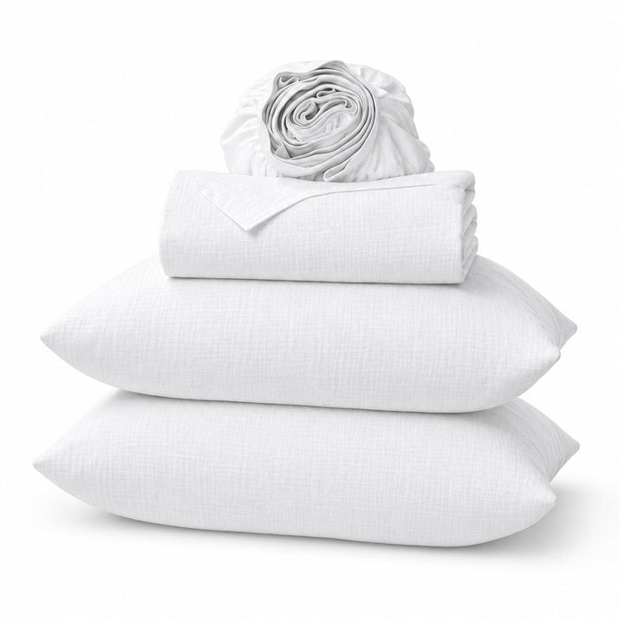 Alaskan King Linen Sheet Set in White, folded, shown on a white background, AI-generated illustration