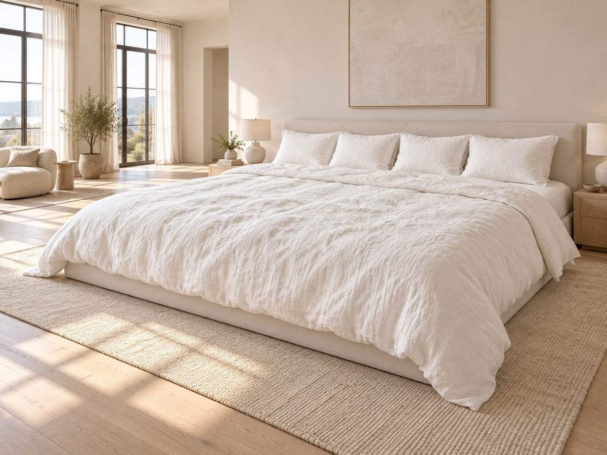 Alaskan King Linen Duvet Cover Set on a Alaskan King bed, bedroom scene, AI-generated illustration