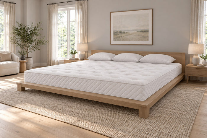 Alberta King Firm Foam Mattress on a bed, bedroom scene, AI-generated illustration