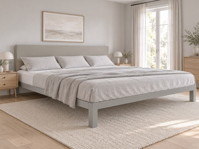 Alberta King Platform Bed Frame in a bedroom, AI-generated illustration (bedding not included)