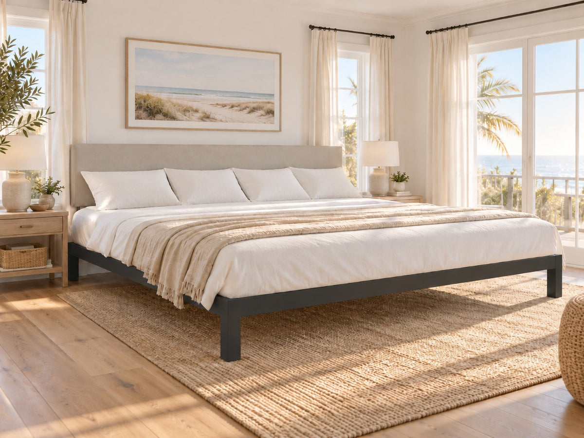 Florida King Platform Bed Frame in a bedroom, AI-generated illustration (bedding not included)