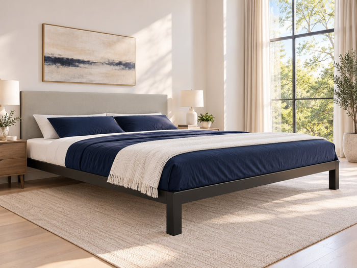 Texas King Platform Bed Frame in a bedroom, AI-generated illustration (bedding not included)