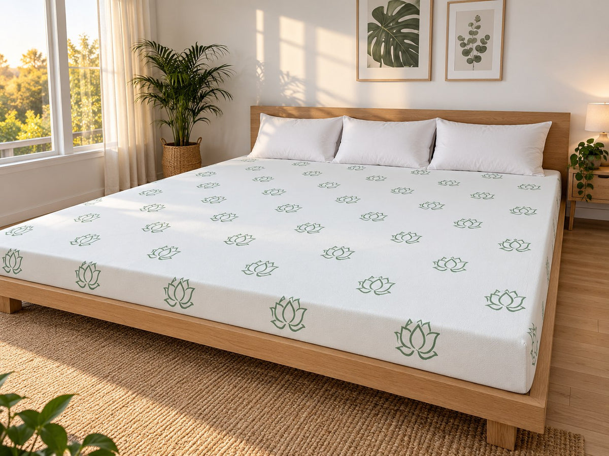 Wyoming King Plant-Based Foam Mattress on a bed, bedroom scene, AI-generated illustration
