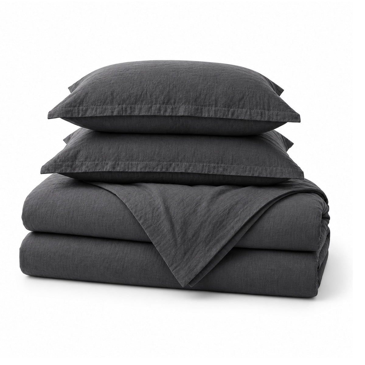 Alaskan King Linen Duvet Cover Set in Dark Gray, folded, shown on a white background, AI-generated illustration