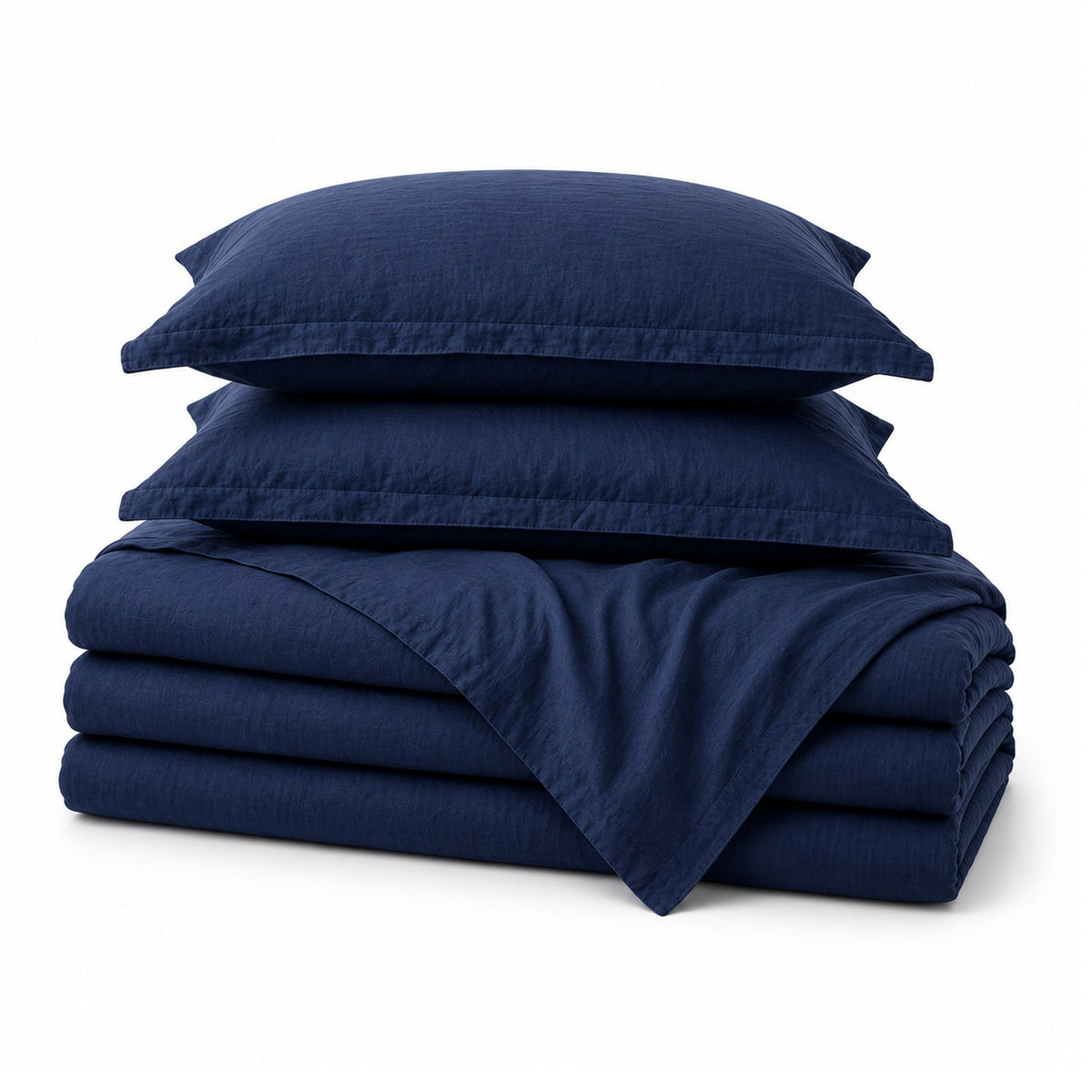 Alaskan King Linen Duvet Cover Set in Navy Blue, folded, shown on a white background, AI-generated illustration