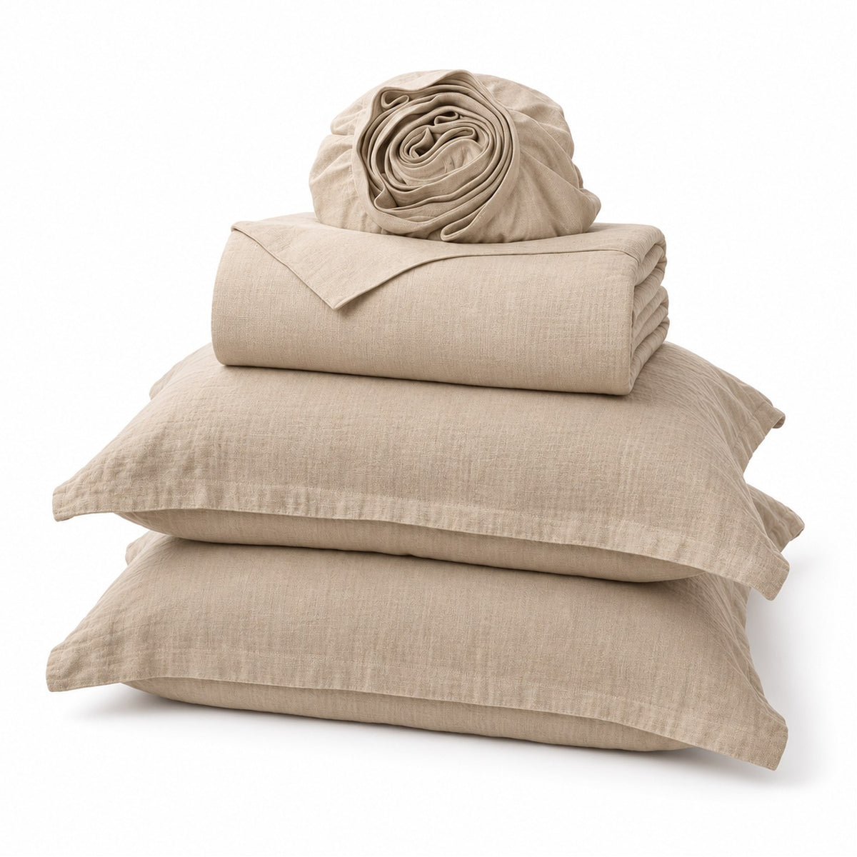 Alaskan King Linen Sheet Set in Beige, folded, shown on a white background, AI-generated illustration