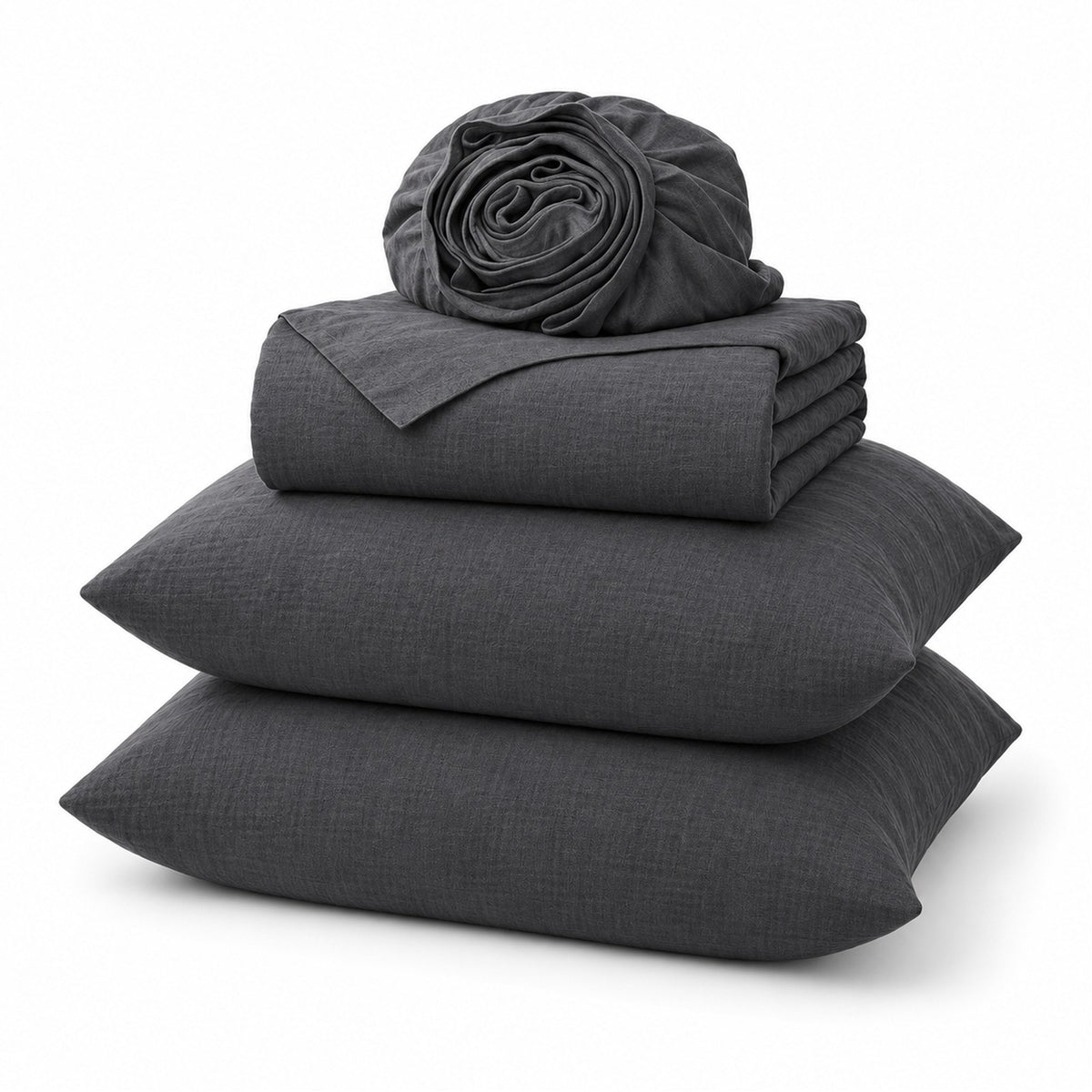 Alaskan King Linen Sheet Set in Dark Gray, folded, shown on a white background, AI-generated illustration