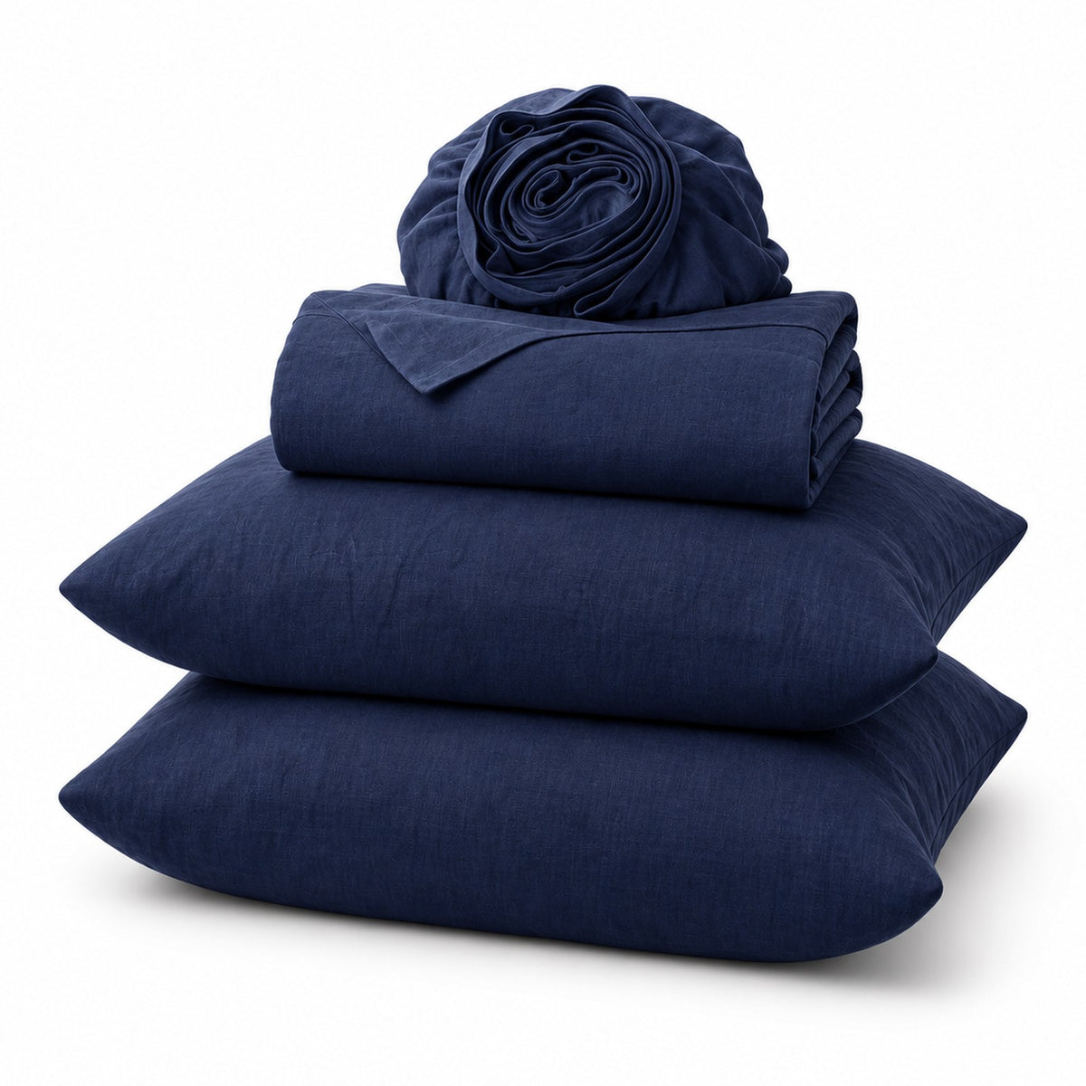 Alaskan King Linen Sheet Set in Navy Blue, folded, shown on a white background, AI-generated illustration