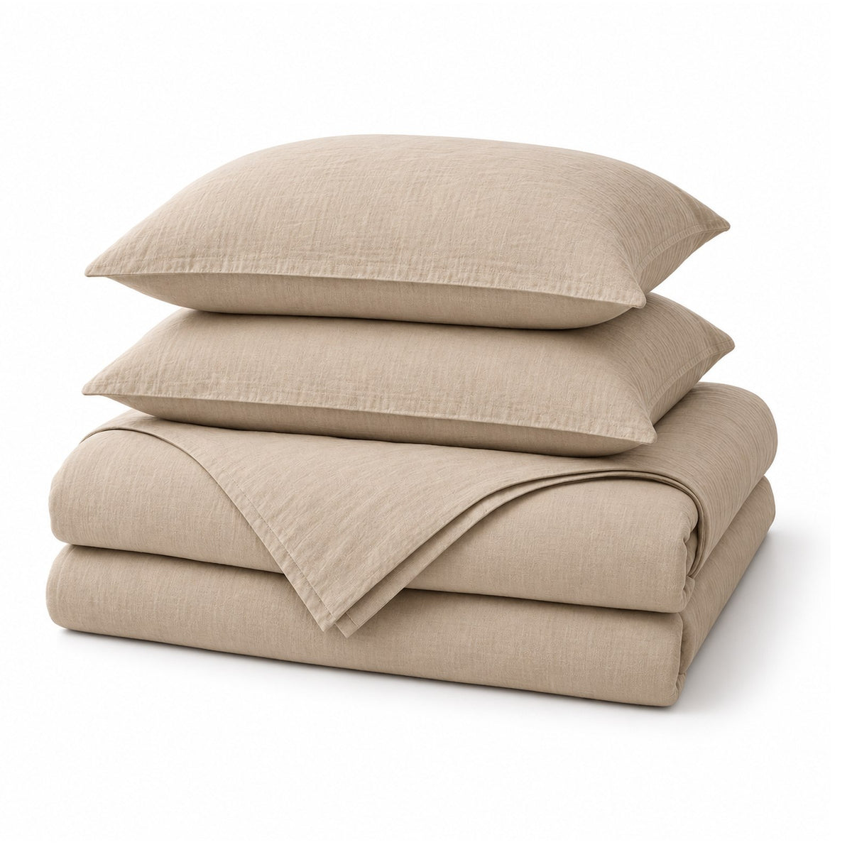 Wyoming King Linen Duvet Cover Set in Beige, folded, shown on a white background, AI-generated illustration
