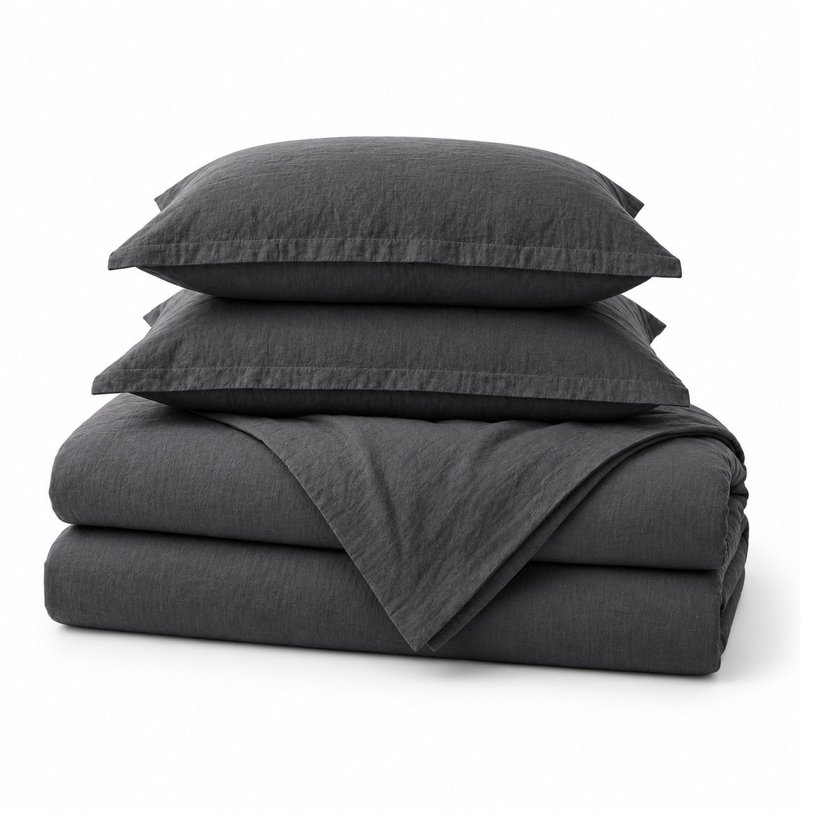 Wyoming King Linen Duvet Cover Set in Dark Gray, folded, shown on a white background, AI-generated illustration