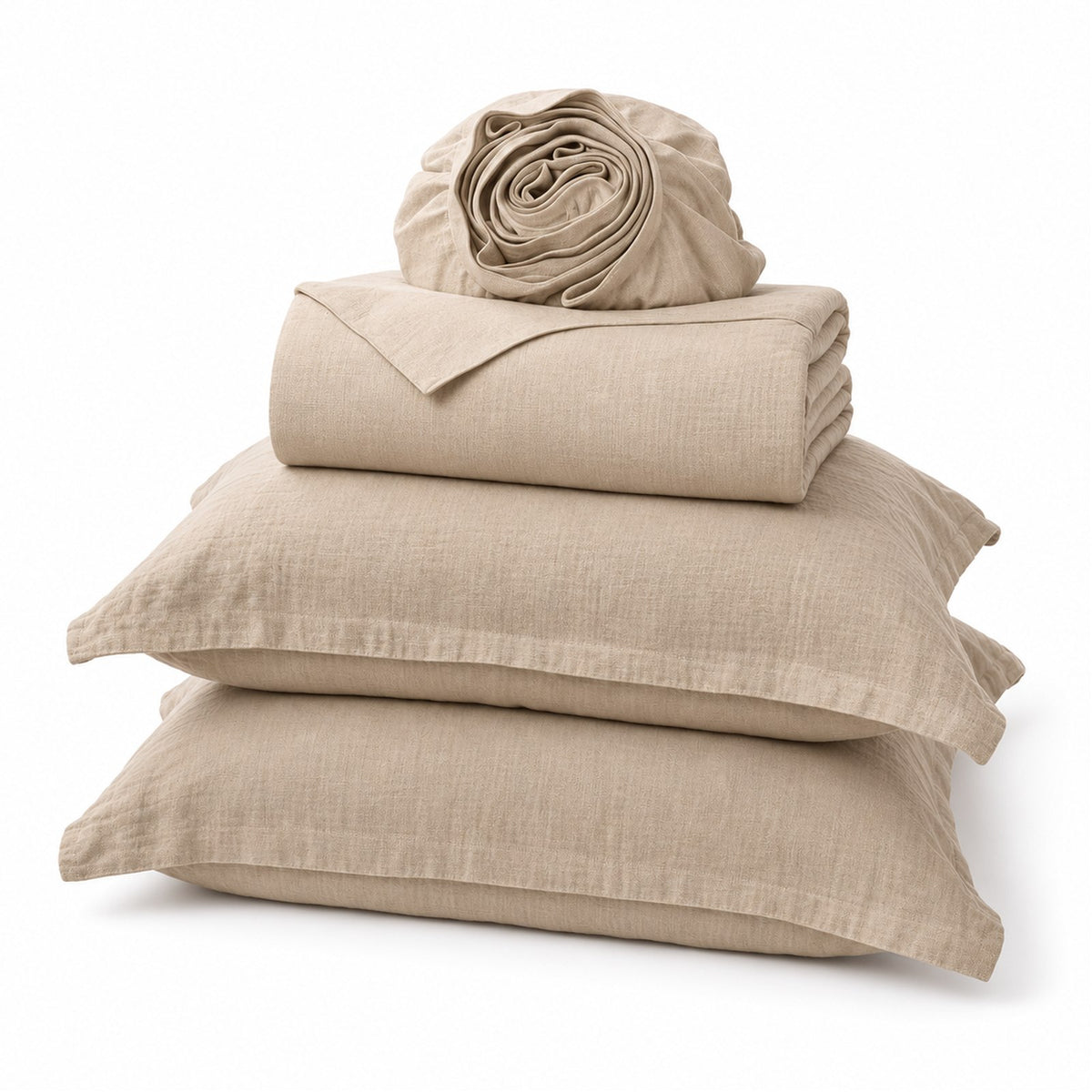Wyoming King Linen Sheet Set in Beige, folded, shown on a white background, AI-generated illustration