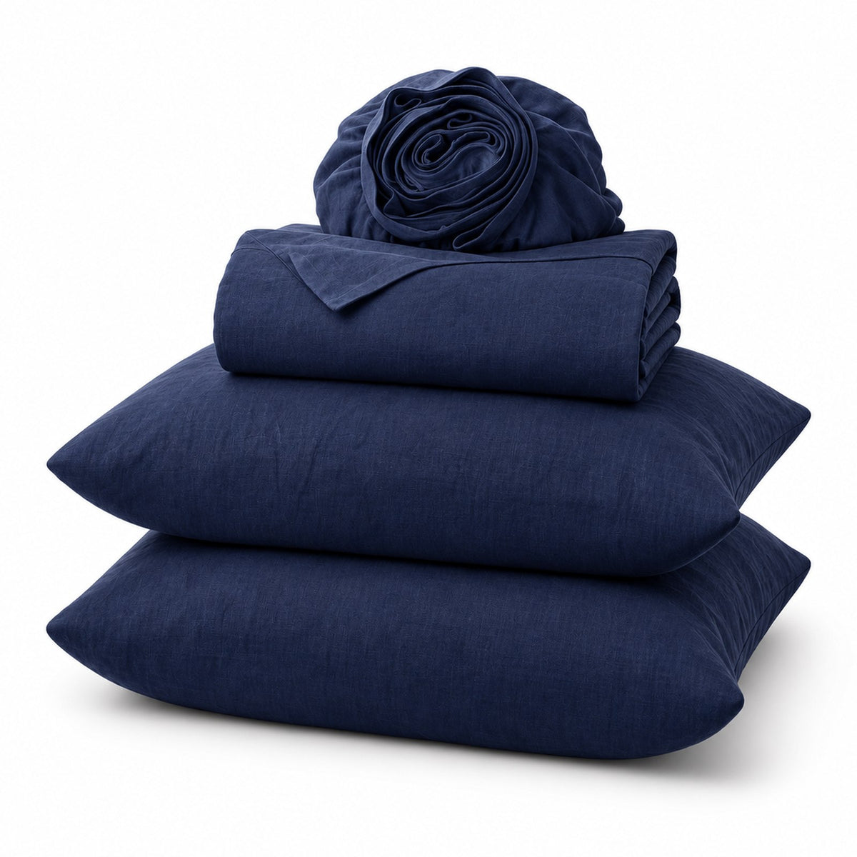 Wyoming King Linen Sheet Set in Navy Blue, folded, shown on a white background, AI-generated illustration