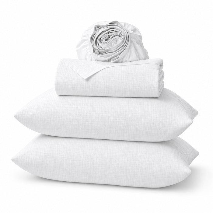 Wyoming King Linen Sheet Set in White, folded, shown on a white background, AI-generated illustration